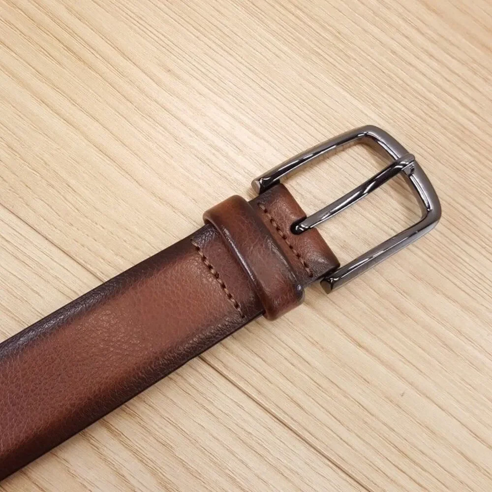 PERRY ELLIS Belt Mens Size 32 Brown Burnished Edge Leather Silver Buckle